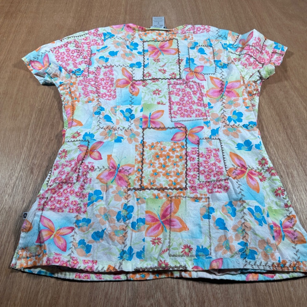 Cherokee Studio Scrub Top S Floral Butterfly Patchwork Print Cotton Nurse
